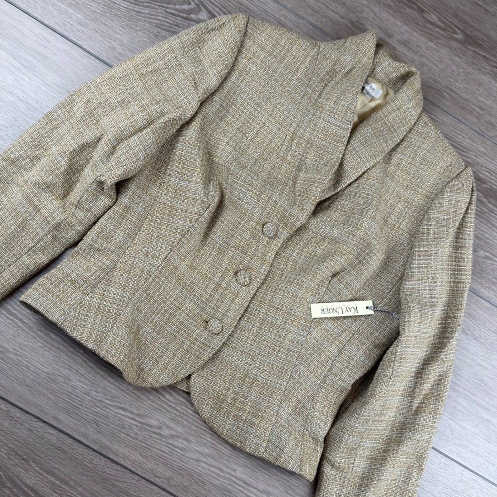 Kay Unger Womens Blazer Wool Blend Embroidered Cuff Tan Blue 12